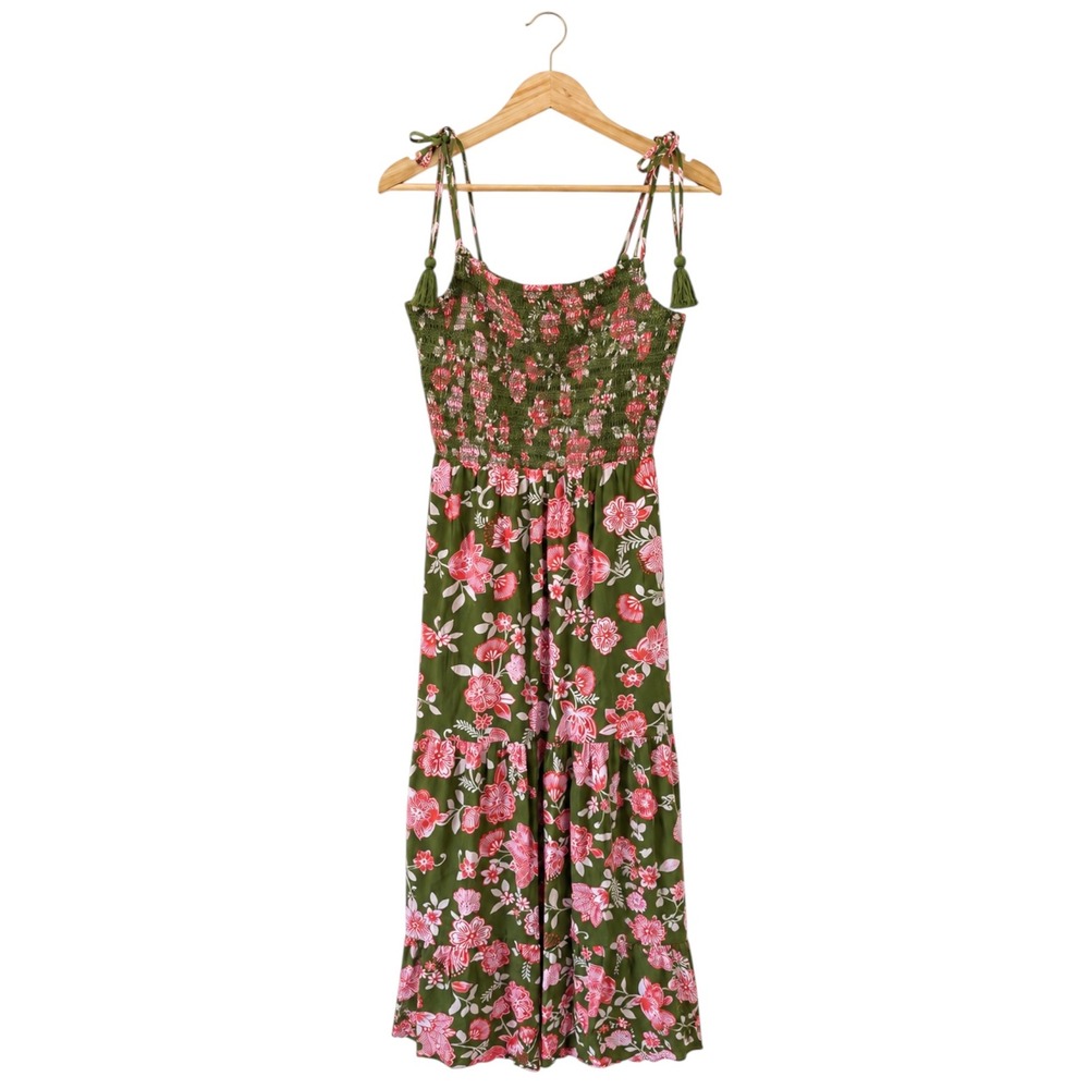 Womens Prairie Cottage Floral Smocked Tie Strap Maxi Dress Olive Pink NWT